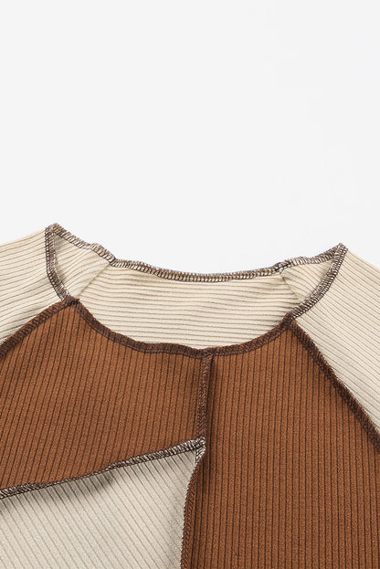 Irregular Color Block Rib Knit Long Sleeve Top