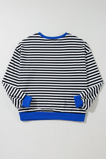 Sky Blue Stripe Oversized Contrast Trim Pullover Sweatshirt