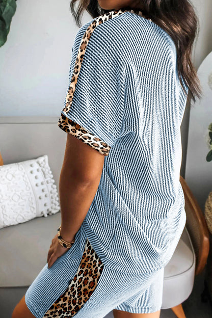 Leopard Trim Ribbed Short Sleeve Top and Shorts Set