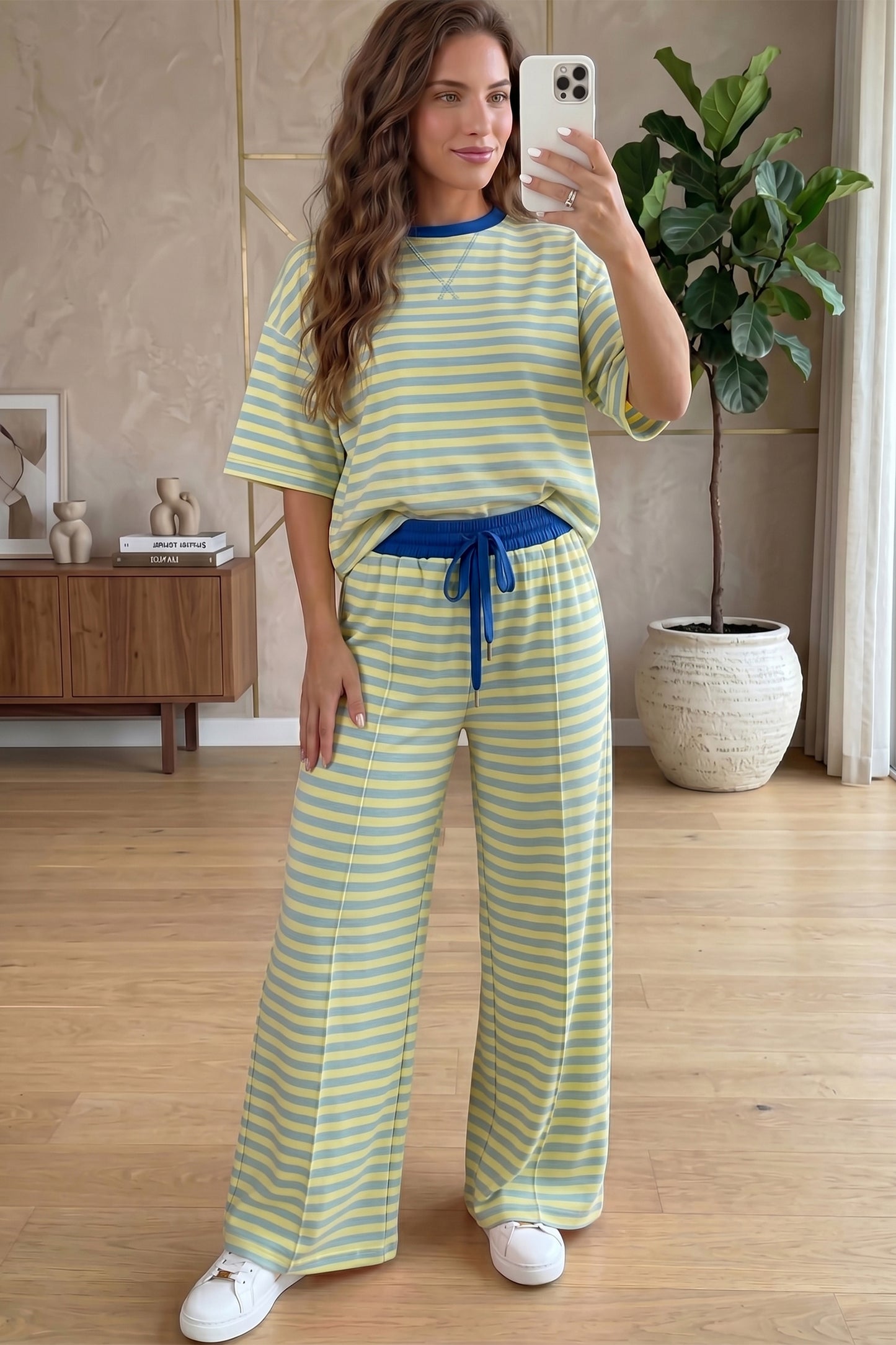 Pink Stripe Wide Leg Lounge Set Women 2 Piece Outfit