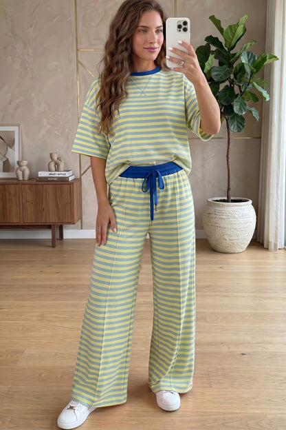 Pink Stripe Wide Leg Lounge Set Women 2 Piece Outfit