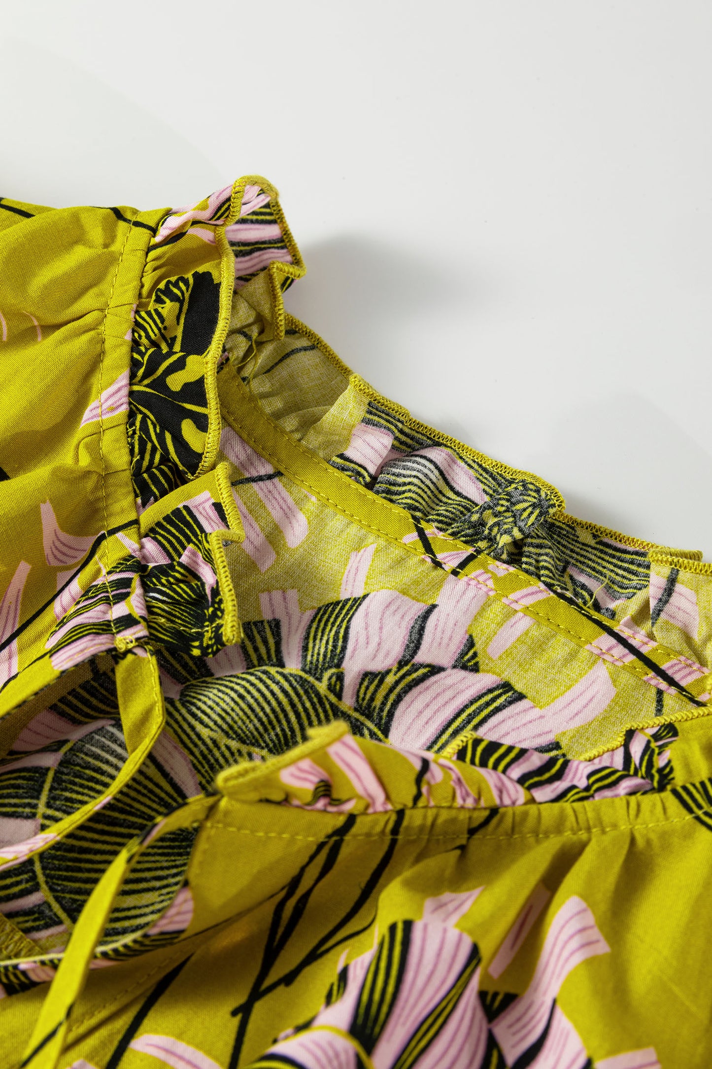 Yellow Vintage Floral V Neck Ruffle Long Sleeve Blouse