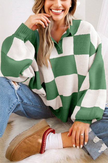Checkered Polo Collar Loose Knit Sweater
