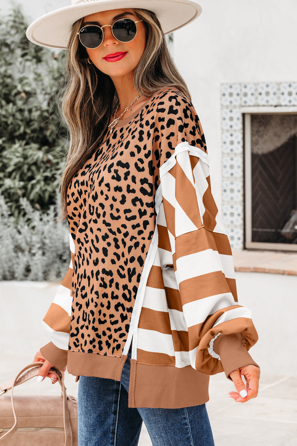 Khaki Stripe Colorblock Leopard Oversized Sweatshirt