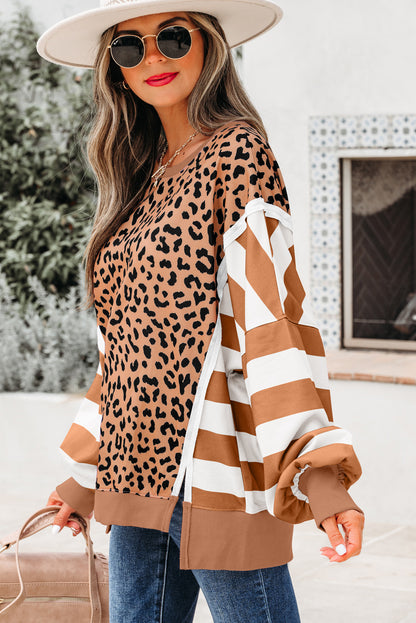 Khaki Stripe Colorblock Leopard Oversized Sweatshirt