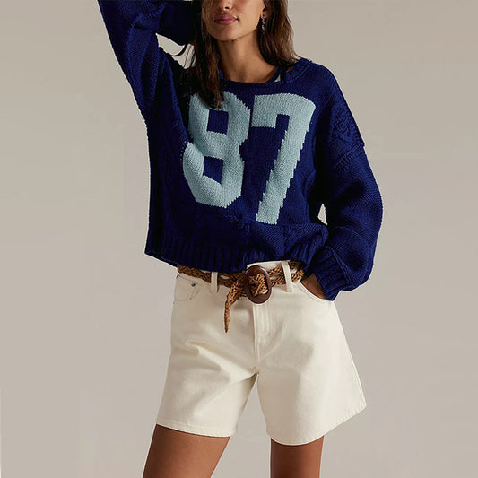 Oversized Knit Pullover with Bold 87 Print