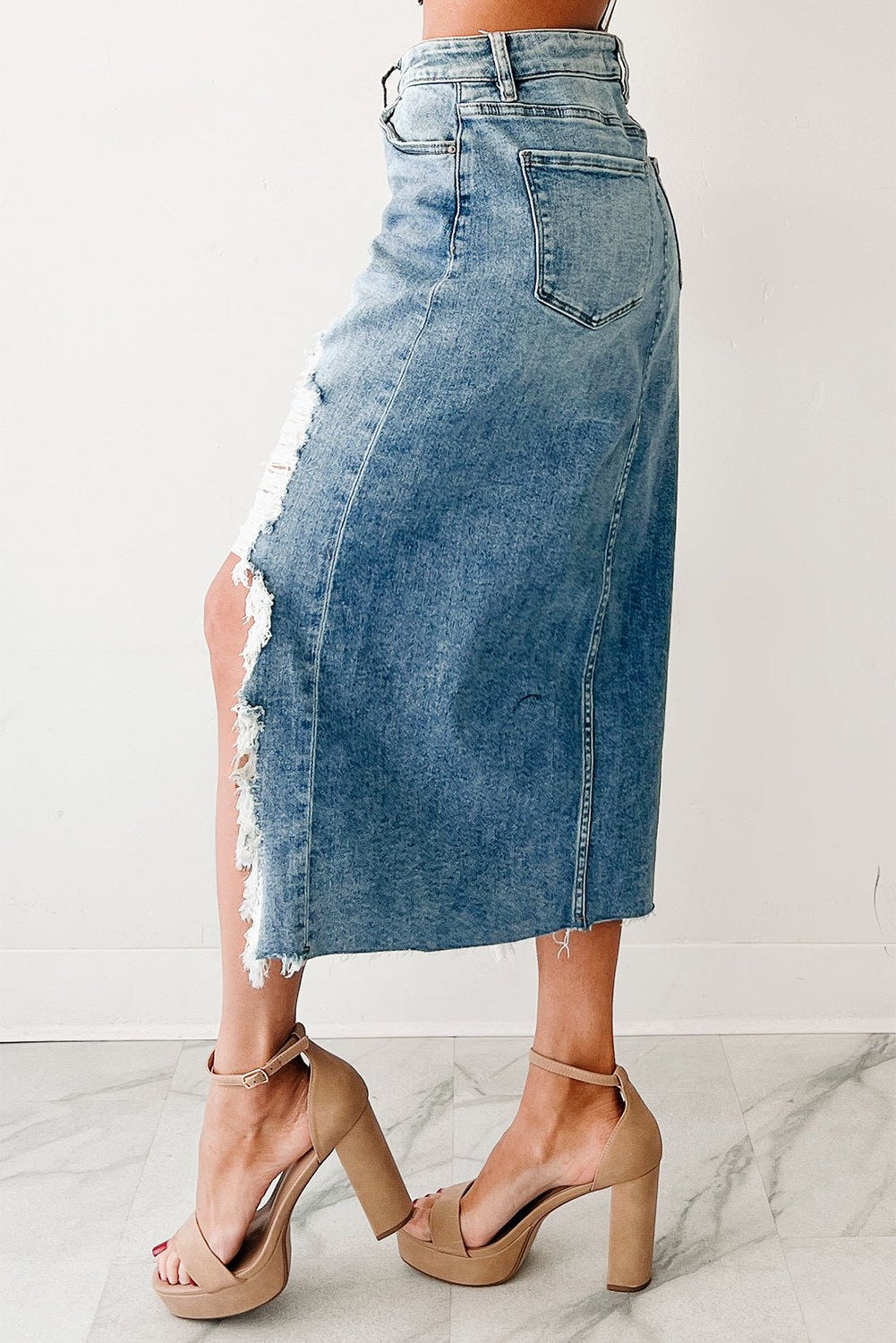Distressed High Waist Asymmetrical Denim Midi Skirt