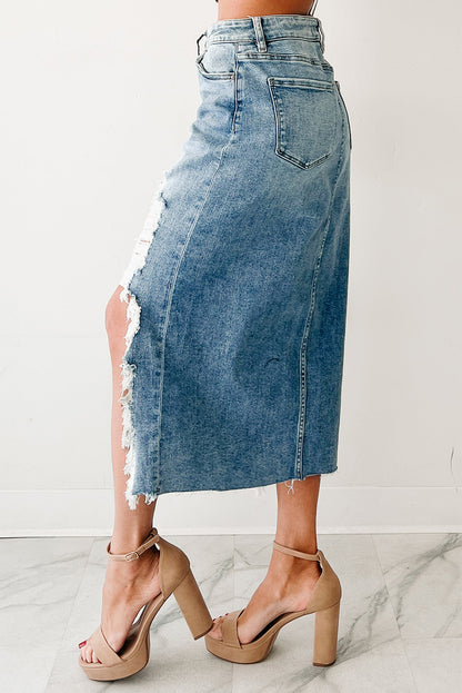 Distressed High Waist Asymmetrical Denim Midi Skirt