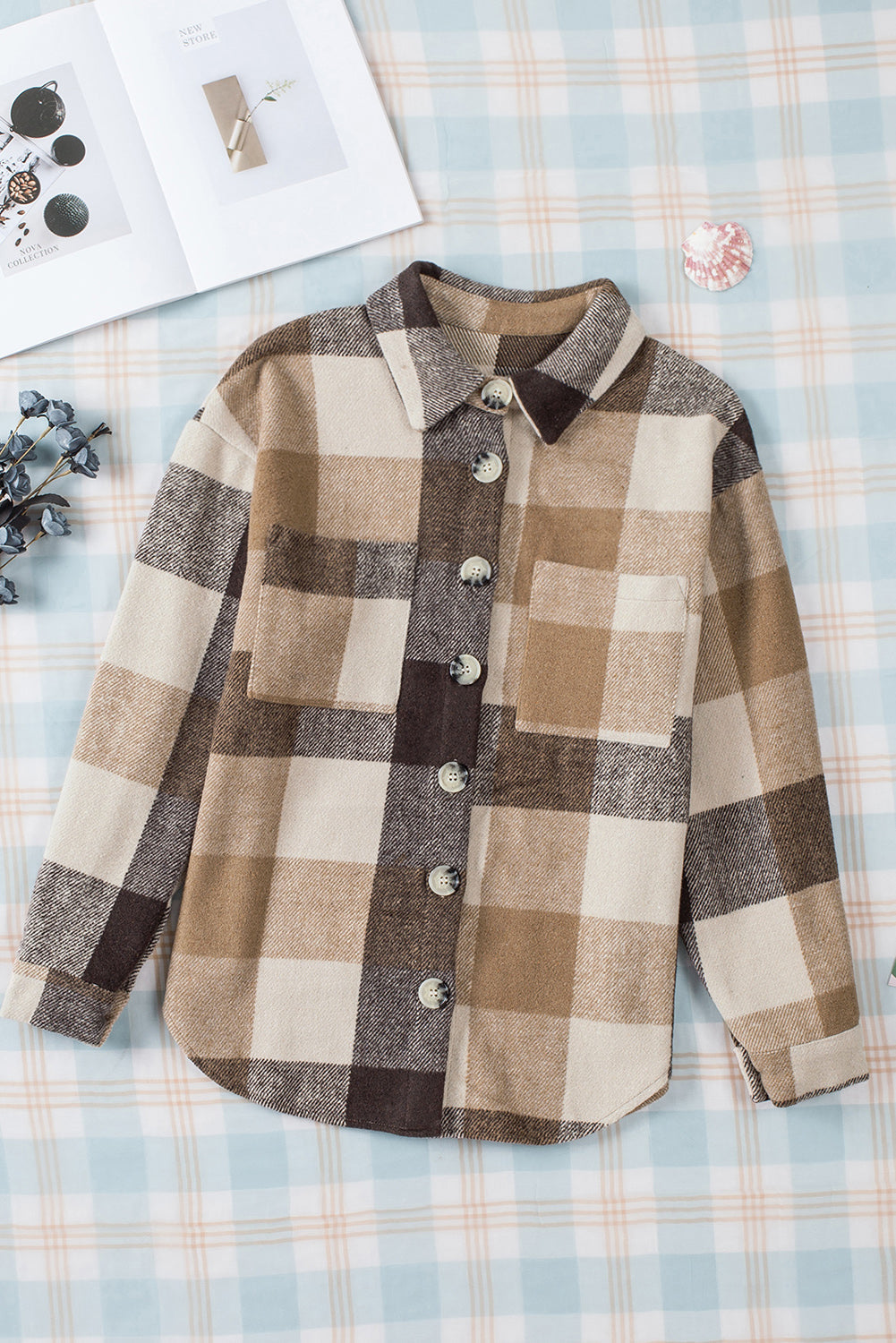 Plaid Colorblock Long Sleeve Jacket with Pockets – Casual Chic