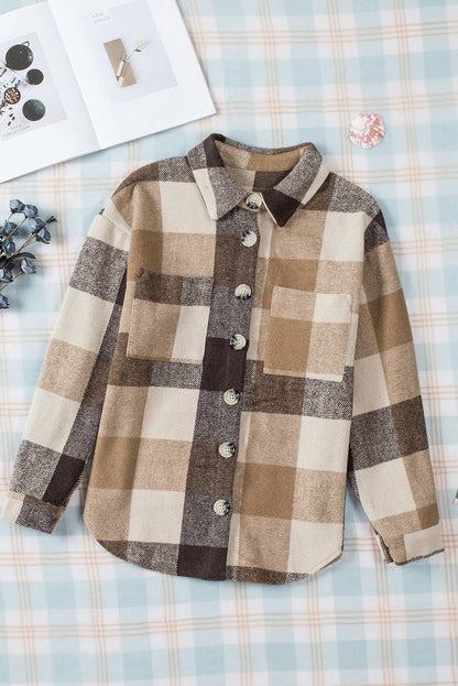 Plaid Colorblock Long Sleeve Jacket with Pockets – Casual Chic