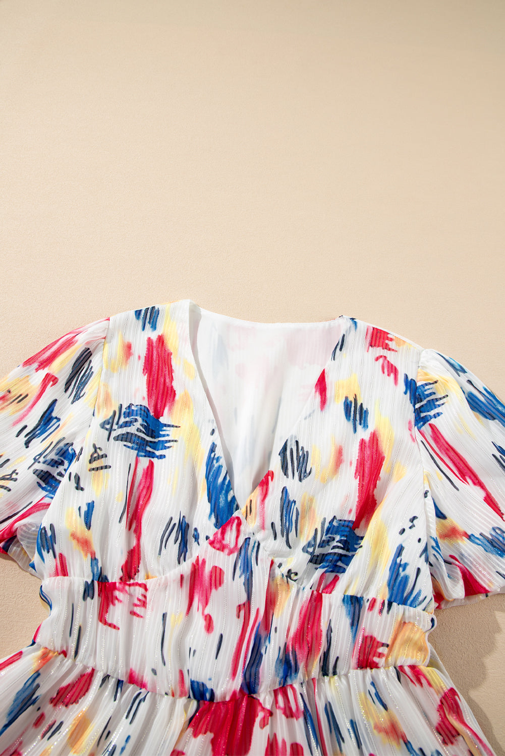 Abstract Print Puff Sleeve V Neck Tiered Maxi Dress