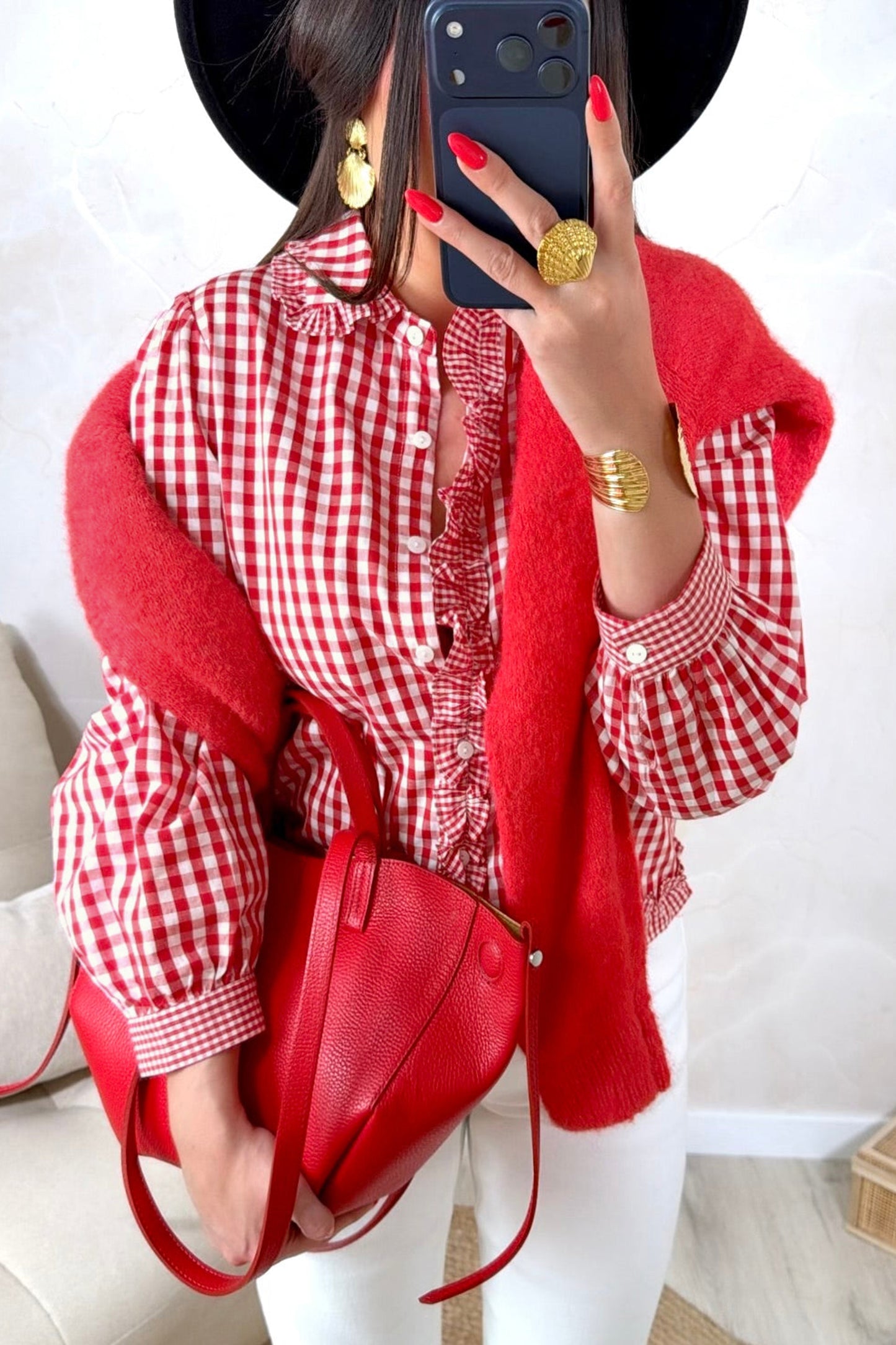 Gingham Plaid Ruffle Button Down Shirt Puff Sleeve