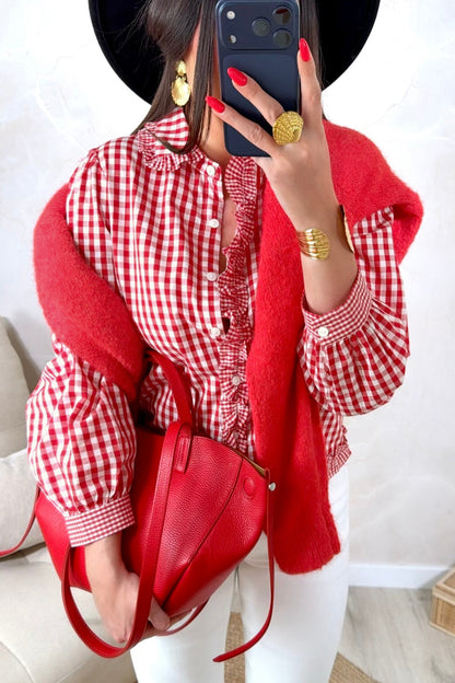 Gingham Plaid Ruffle Button Down Shirt Puff Sleeve