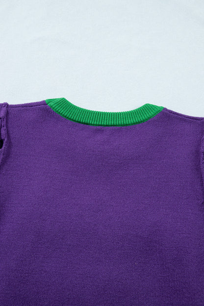 Purple Mardi Gras Tinsel Letter Short Sleeve Sweater Top