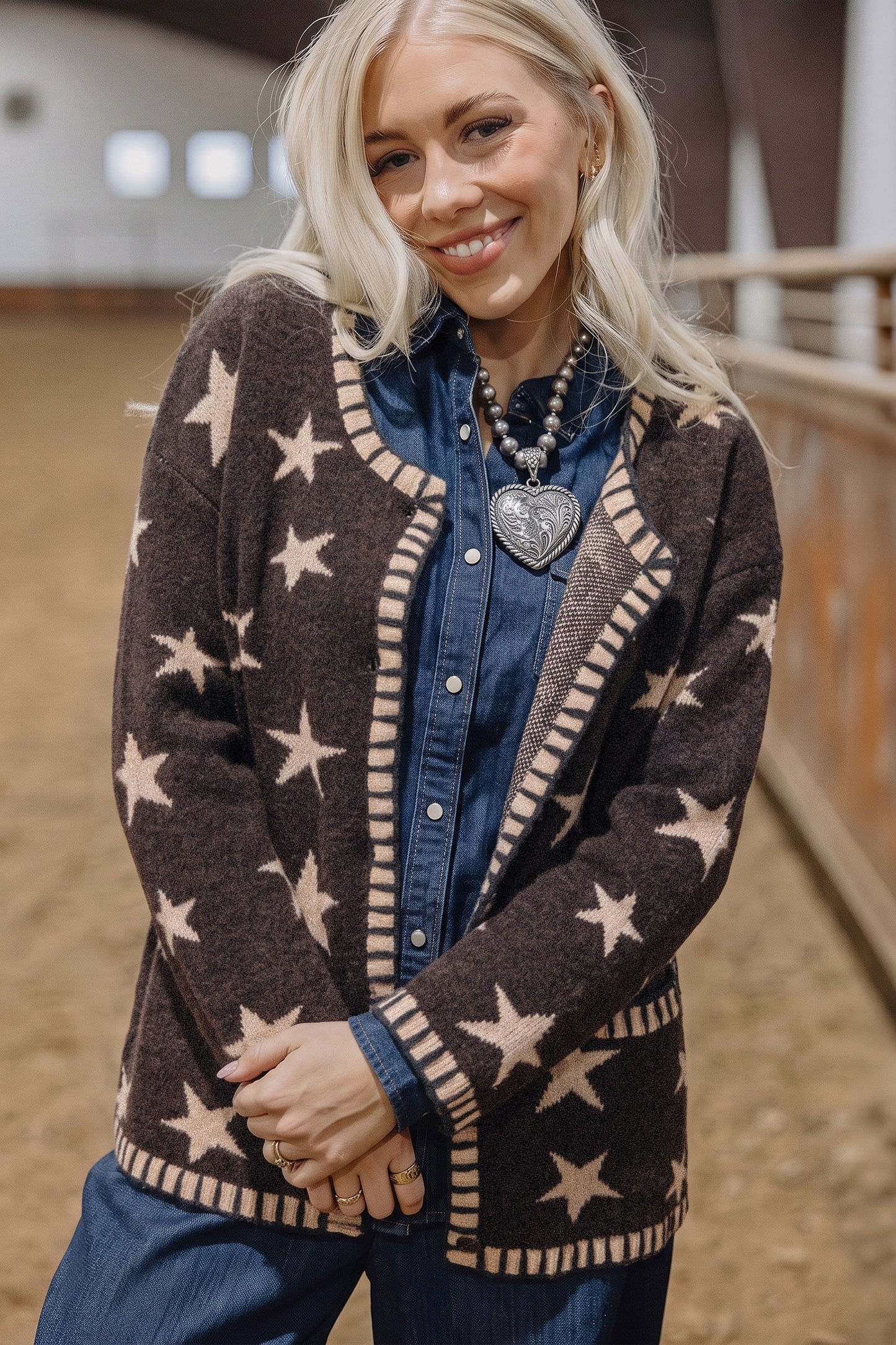 Star Pattern Knit Button Front Cardigan