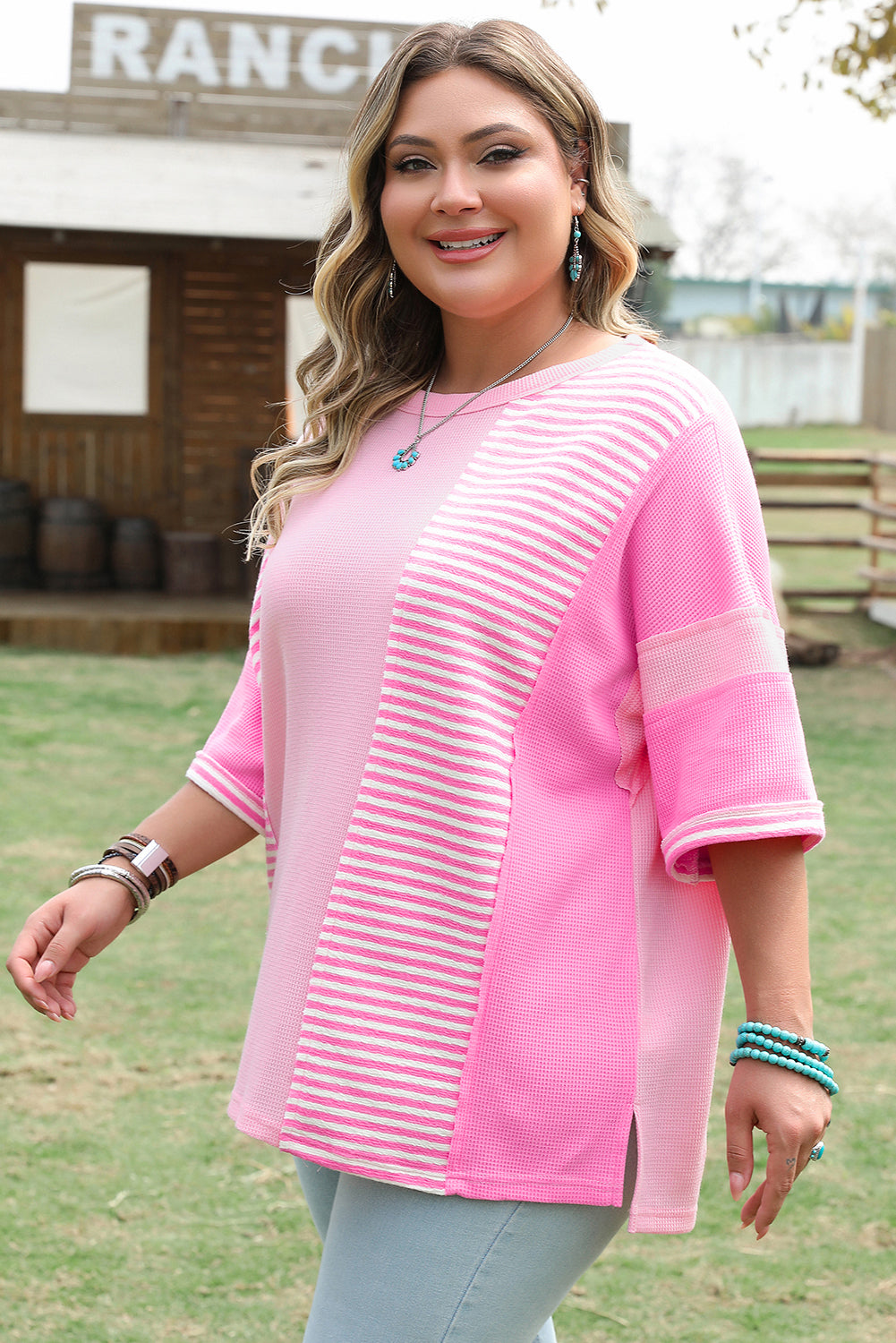 Green Stripe Patchwork Colorblock Plus Size T Shirt