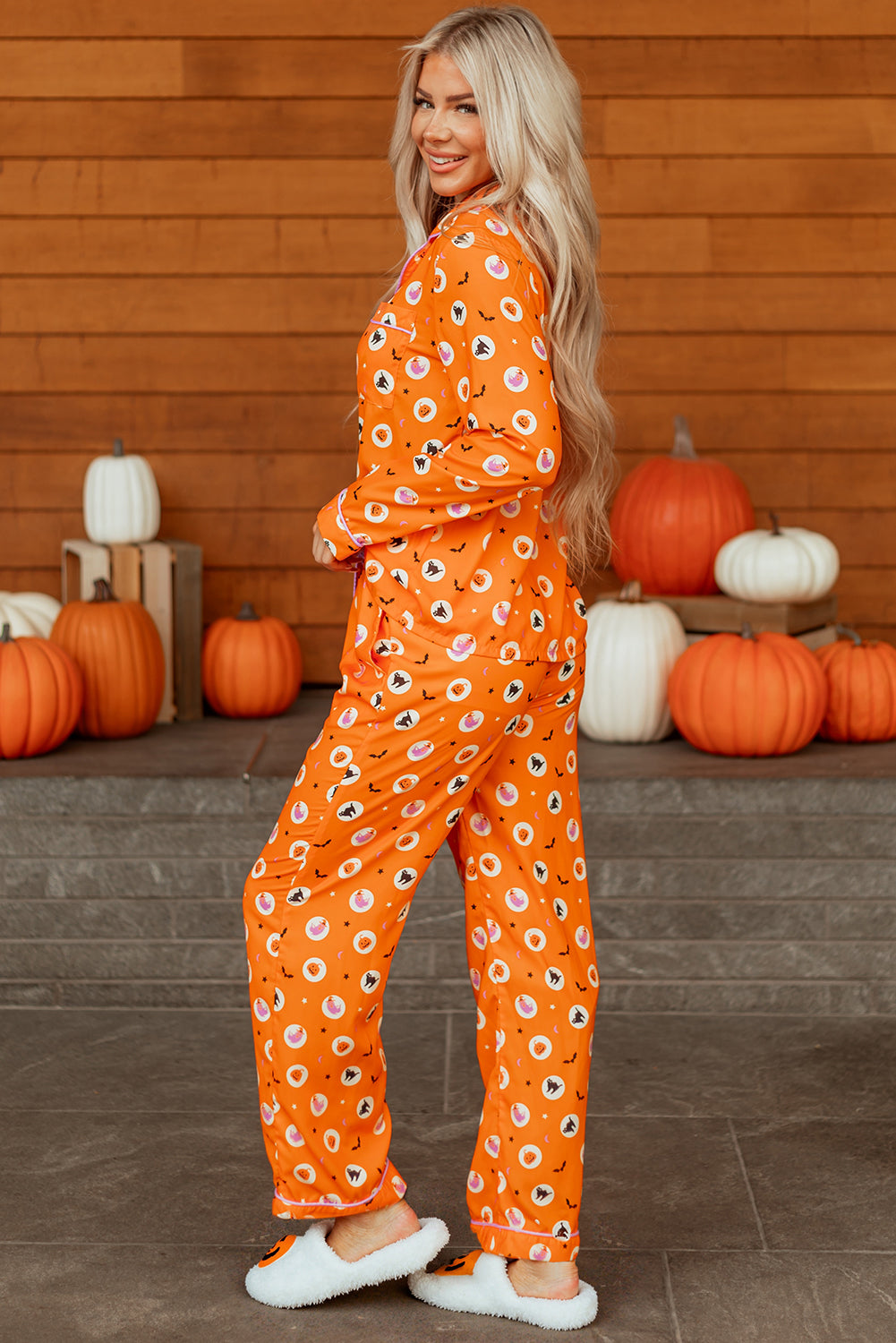 Women's Halloween Pumpkin Print Long Sleeve Pajama Set