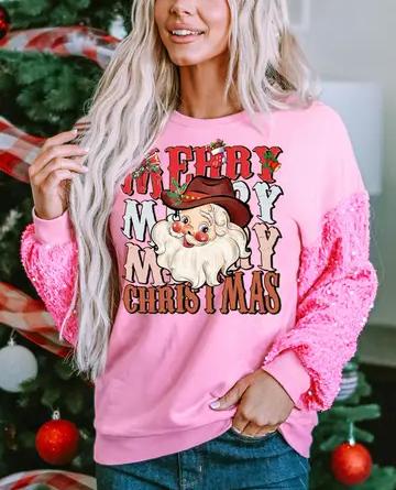 Christmas Pink Sequin Sleeve Santa Graphic Pullover