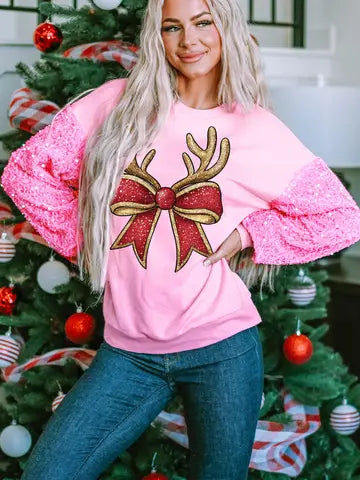 Christmas Pink Sequin Sleeve Reindeer Bow Pullover