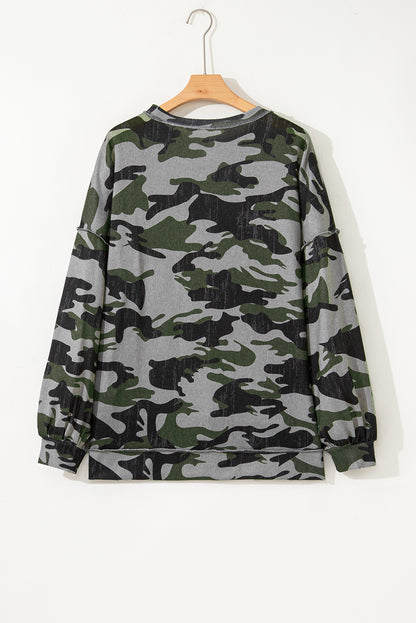 Retro Camo Drop Shoulder Oversized Sweatshirt for Women