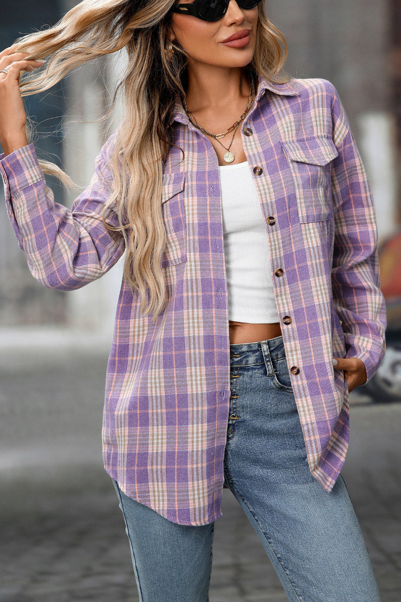Plaid Long Sleeve Button Down Shirt with Chest Pockets