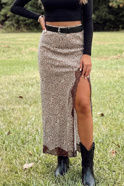 Cheetah Print Lace Trim Split Maxi Western Skirt