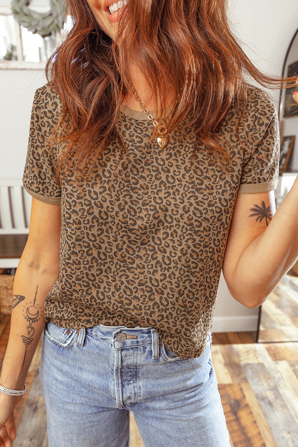 Western Leopard Print Crew Neck Casual Tee for Women