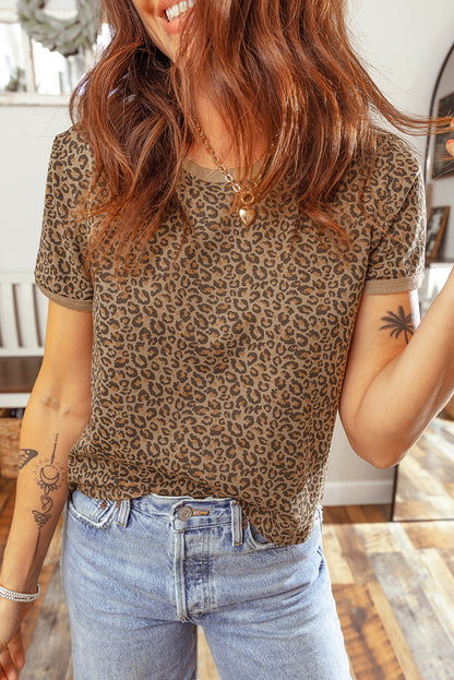 Western Leopard Print Crew Neck Casual Tee for Women