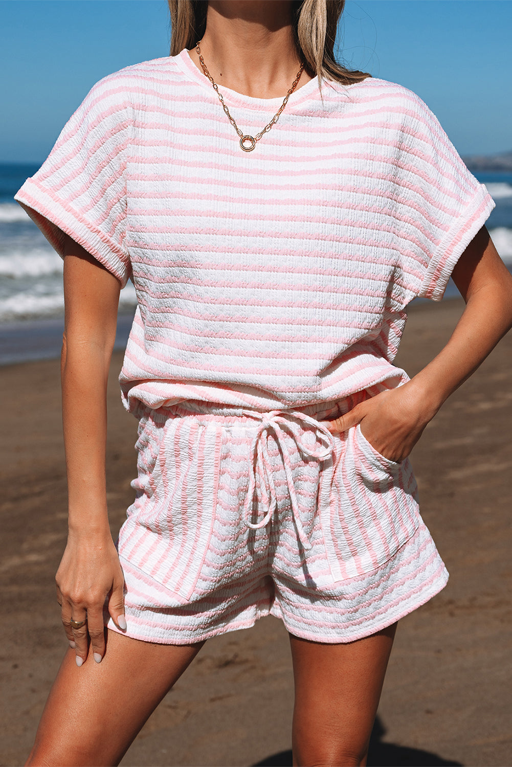 Pink Stripe Textured Knit Lounge Set Drawstring Shorts