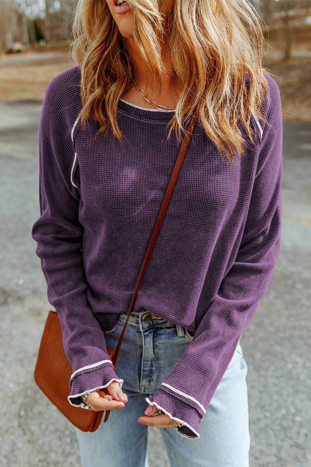 Womens Waffle Knit Long Sleeve Top Casual Crew Neck Tee