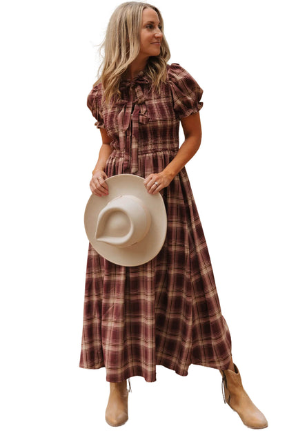 Western Plaid Puff Sleeve Midi Dress Tie Front