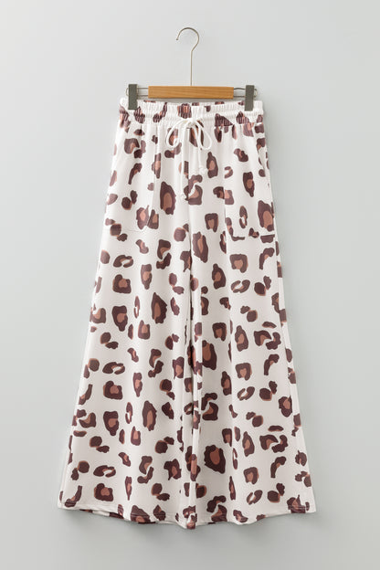 Leopard Print Wide Leg Drawstring Pants with Pockets