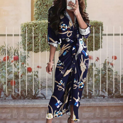 Women's V Neck Tie Front Long Sleeve Maxi Dress