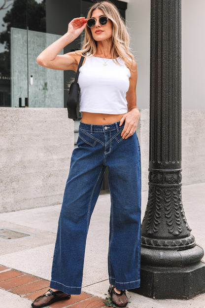Sail Blue Stitched High Waist Loose Cuffed Jeans