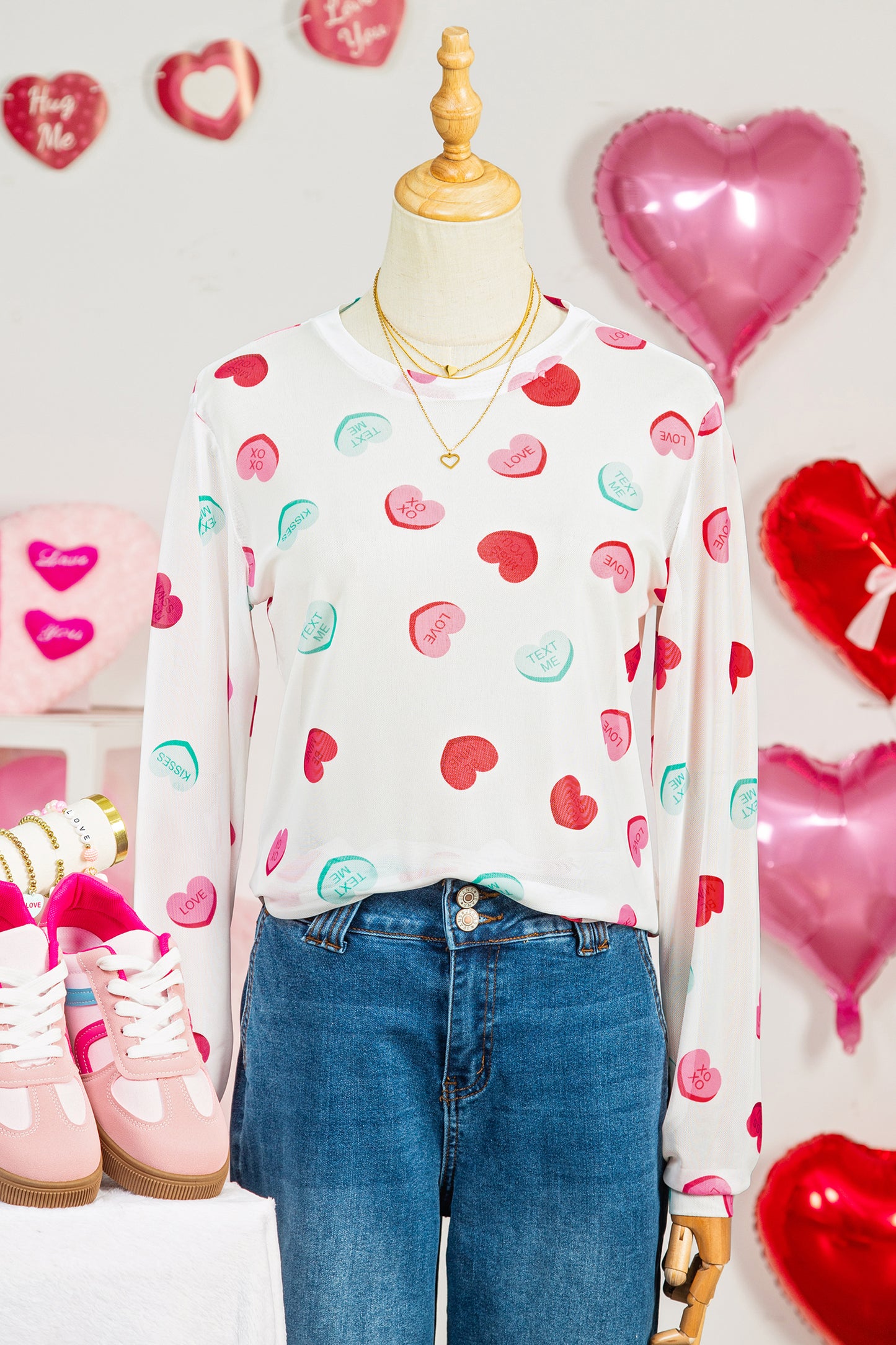 White Sheer Mesh Slogan Heart Printed Long Sleeve Top