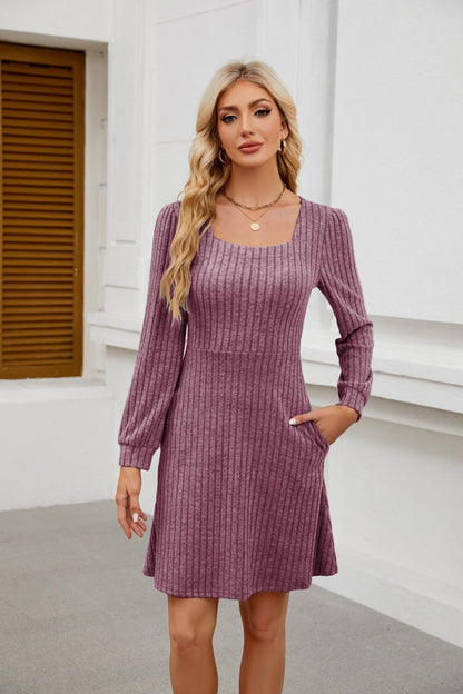 Square Neck Ribbed Knit Dress with Pockets