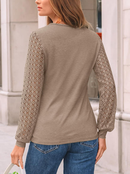 Lace Sleeve Patchwork Knit Pullover Top for Women