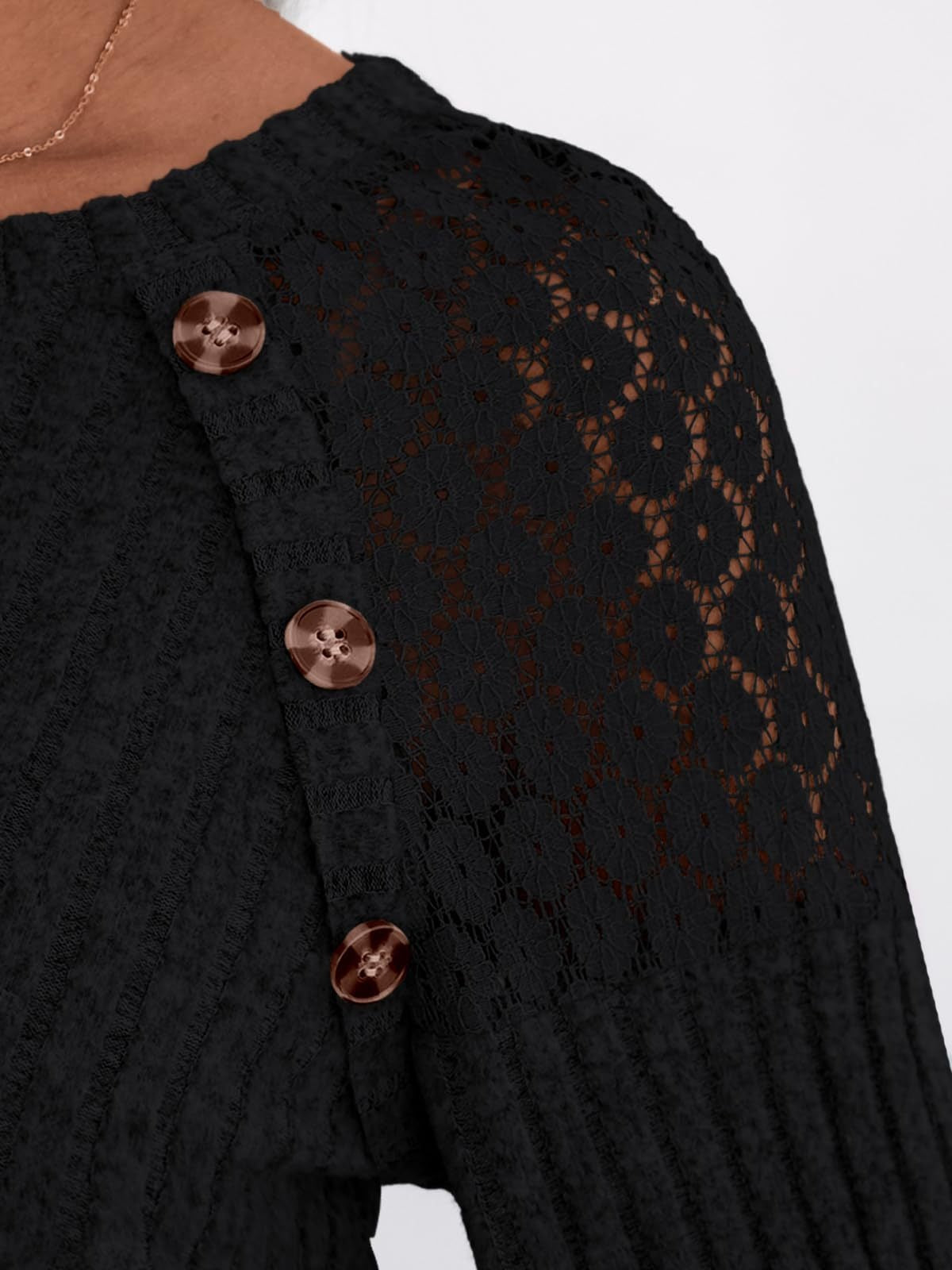 Solid Ribbed Knit Button Pullover with Lace & Buttons