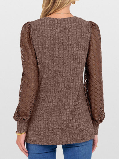 V-Neck Knit Top with Lace Puff Long Sleeves