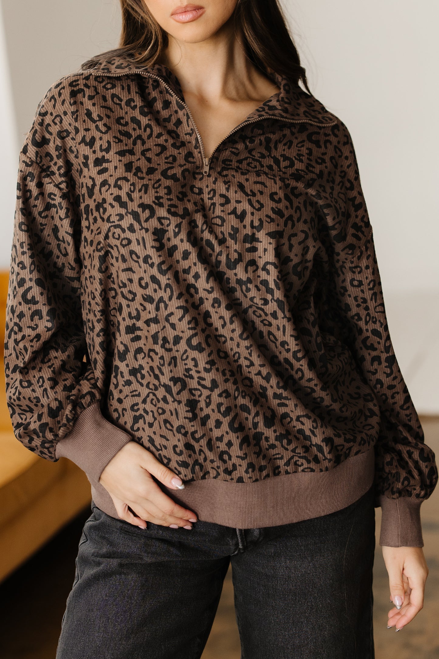 Leopard Print Quarter Zip Corduroy Pullover