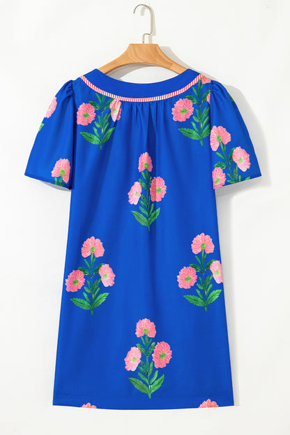 Easter Floral Split Neck Short Sleeve Mini Dress