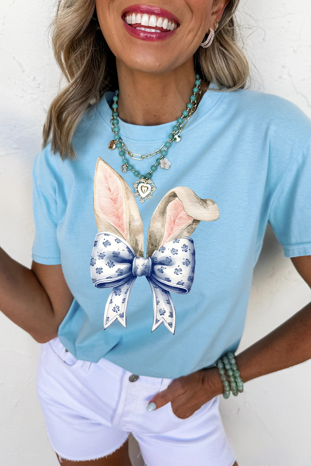 Easter Bunny Ears Bow Graphic Crewneck T Shirt