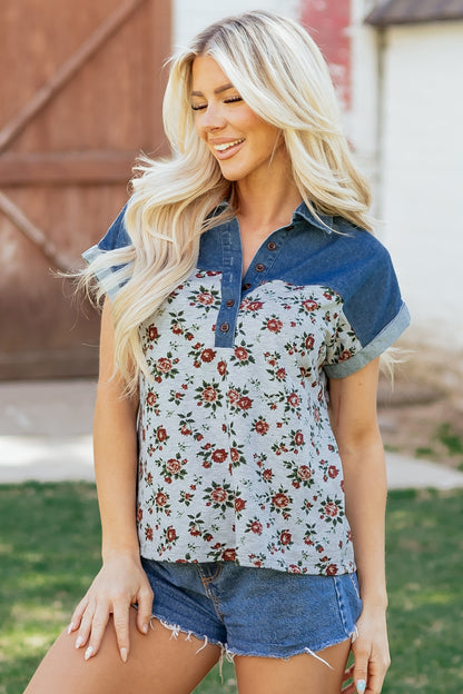Floral Color Block Polo Henley Button Casual Top