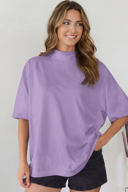 Dark Blue Oversized Mock Neck Tee Casual Relaxed Top