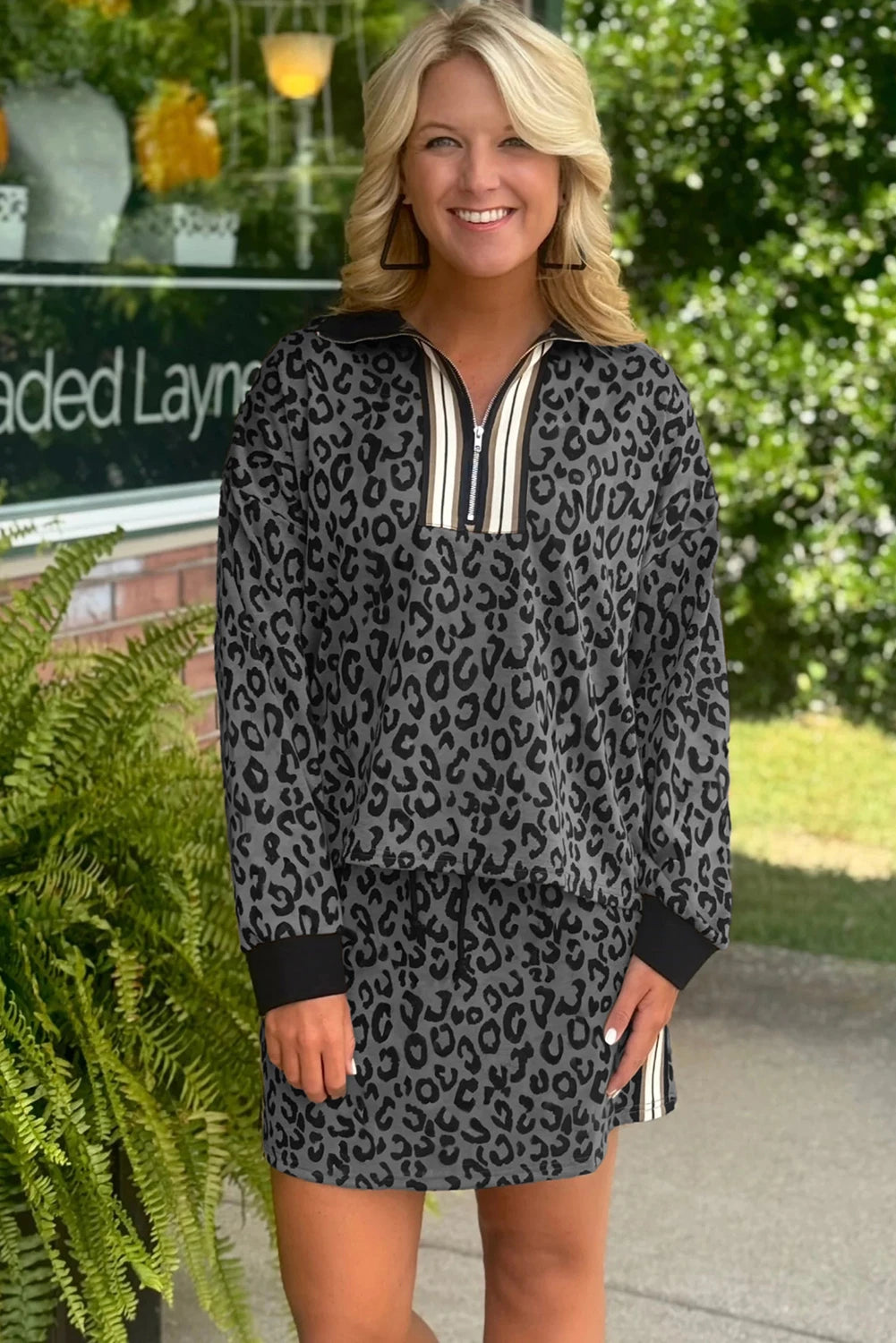 Jet Stream Leopard Print Quarter Zip Long Sleeve Top Drawstring Mini Skirt Varsity 2pcs Set