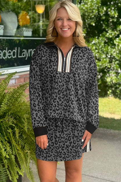 Jet Stream Leopard Print Quarter Zip Long Sleeve Top Drawstring Mini Skirt Varsity 2pcs Set