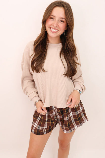 Brown Plaid High Waist Pull On Shorts
