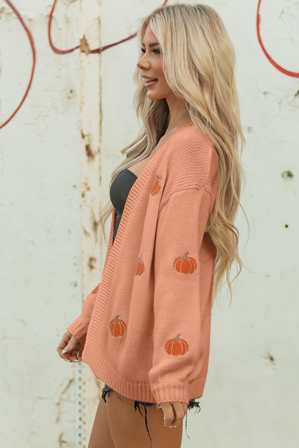 Light Pink Christmas Tree Print Open Front Drop Shoulder Midi Cardigan