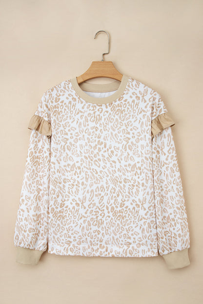 Khaki Leopard Ruffle Detail Ribbed Trim Round Neck Sweatshirt