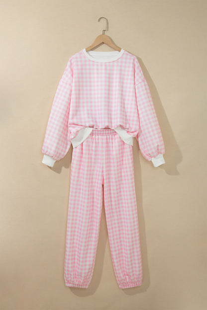 Plaid Polyester Pant Set Casual Wide Leg